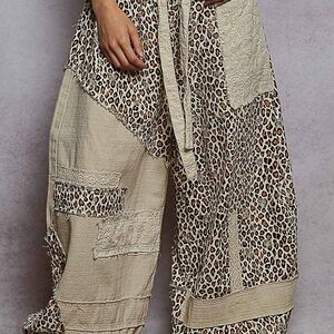 POL Leopard and Cream Patchwork Wide Leg Pants